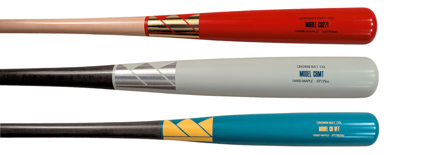 Three custom Crown bats laid flat, with rust, grey, and teal barrels, each stamped with its model